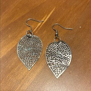 Silver Teardrop Leaf Dangle Earrings